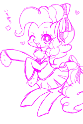 Size: 600x900 | Tagged: safe, artist:yuzuko, character:pinkie pie, species:earth pony, species:pony, blushing, bow, cheerleader, cheerleader pinkie, clothing, cute, diapinkes, female, hair bow, heart, looking at you, mare, miniskirt, moe, monochrome, one eye closed, open mouth, pleated skirt, pom pom, simple background, skirt, solo, white background, wink