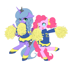 Size: 1350x1200 | Tagged: safe, artist:yuzuko, character:pinkie pie, character:princess luna, species:alicorn, species:earth pony, species:pony, alternate hairstyle, bipedal, blushing, bow, braid, braided pigtails, cheerleader, cheerleader outfit, cheerleader pinkie, clothing, cute, diapinkes, duo, female, floppy ears, hair bow, lunabetes, mare, miniskirt, moe, open mouth, pigtails, pom pom, shoes, skirt, socks, sweater