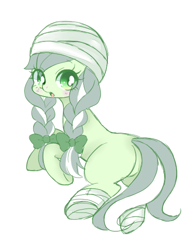 Size: 450x580 | Tagged: safe, artist:yuzuko, character:jinx, species:earth pony, species:pony, episode:leap of faith, g4, my little pony: friendship is magic, bandage, blushing, bow, braid, braided pigtails, cute, female, hair bow, looking at you, looking back, looking back at you, mare, open mouth, simple background, solo, white background