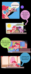 Size: 800x1900 | Tagged: safe, artist:footsam, character:pinkie pie, character:twilight sparkle, character:twilight sparkle (alicorn), species:alicorn, species:earth pony, species:pony, ask pinkie pie and tornado, colored, comic, cute, diapinkes, diorama, droste effect, female, flat colors, hoof hold, no catchlights, no pony, recursion, twilight is not amused, unamused