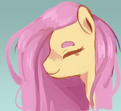 Size: 950x865 | Tagged: safe, artist:milky-rabbit, character:fluttershy, species:pegasus, species:pony, beanbrows, bust, cute, eyebrows, eyes closed, female, gradient background, mare, portrait, shyabetes, smiling, solo