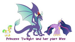 Size: 7807x4374 | Tagged: safe, artist:clone999, artist:crystalmagic6, artist:secret titan, edit, character:gaius, character:twilight sparkle, character:twilight sparkle (alicorn), species:alicorn, species:dragon, species:pony, episode:the last problem, g4, my little pony: friendship is magic, big crown thingy 2.0, dragon crown, dragon lord, headcanon, older, older twilight, open mouth, princess twilight 2.0, reincarnation, royal guard, simple background, spread wings, text, transparent background, vector, vector edit, wings