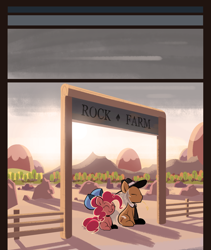 Size: 1200x1425 | Tagged: safe, artist:footsam, character:igneous rock pie, character:pinkie pie, species:earth pony, species:pony, ask pinkie pie and tornado, blank flank, bow, duo, eyes closed, father and daughter, female, filly, filly pinkie pie, flashback, hair bow, hay, male, mouthless, rock farm, smiling, straw in mouth, younger