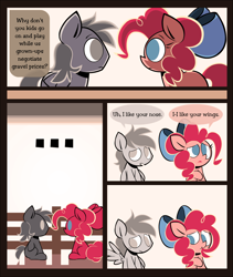 Size: 1200x1425 | Tagged: safe, artist:footsam, character:pinkie pie, oc, oc:tornado, species:earth pony, species:pegasus, species:pony, ..., ask pinkie pie and tornado, awkward moment, blank flank, bow, colt, comic, female, filly, filly pinkie pie, hair bow, hair chewing, implied igneous rock pie, male, mane chewing, no catchlights, no pupils, offscreen character, spread wings, wavy mouth, wingboner, wings, younger