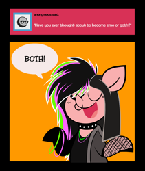 Size: 1200x1425 | Tagged: safe, artist:footsam, character:pinkie pie, species:earth pony, species:pony, alternate hair color, ask, ask pinkie pie and tornado, black mane, choker, clothing, colored, dialogue, dyed mane, emo, eyes closed, female, fishnets, flat colors, glow bracelets, glowstick, goth, highlights, jacket, nose piercing, nose ring, open mouth, orange background, piercing, simple background, solo, speech bubble, spiked choker, tumblr