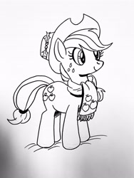 Size: 3024x4032 | Tagged: safe, artist:debmervin, character:applejack, species:earth pony, species:pony, christmas, clothing, female, hat, hearth's warming, holiday, holly, ink drawing, monochrome, scarf, solo, traditional art