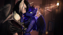 Size: 3690x2076 | Tagged: safe, artist:princeoracle, character:princess luna, oc, oc:prince oracle, species:alicorn, species:anthro, species:pony, 3d, alicorn oc, bracer, canon x oc, clothing, female, imminent sex, intimate, jacket, jewelry, lidded eyes, looking at each other, lunacle, male, shipping, straight, undressing