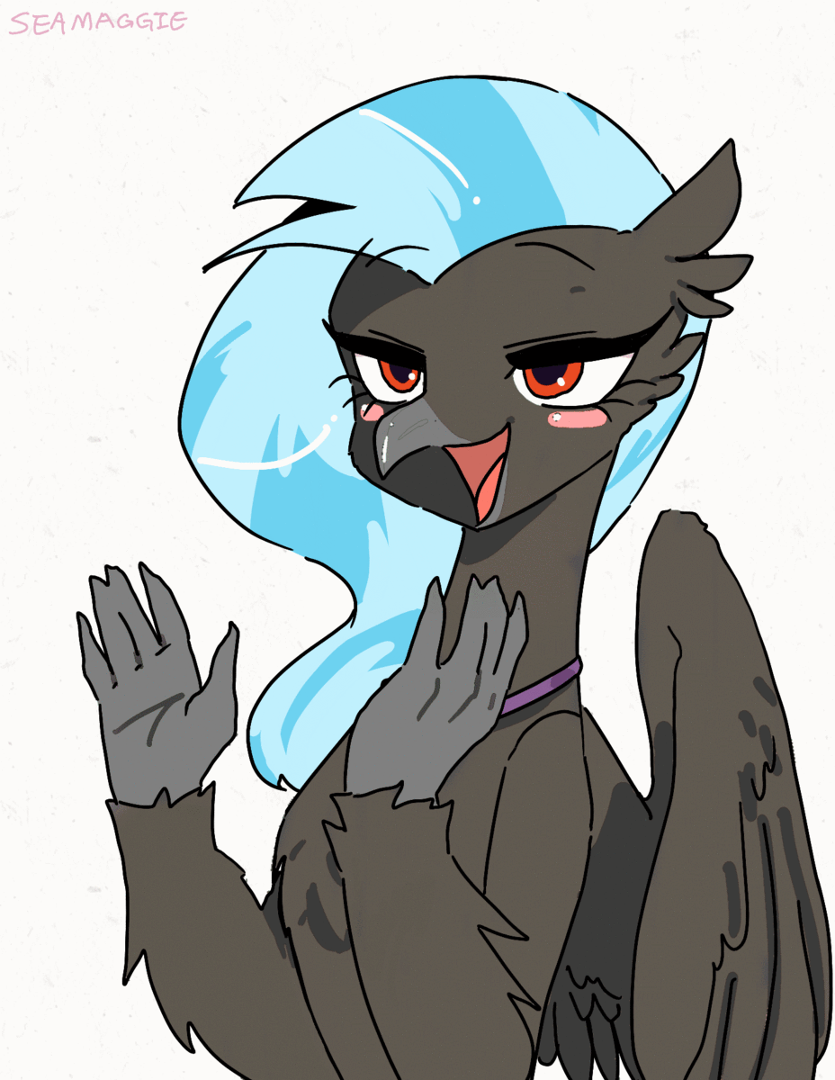 Size: 928x1200 | Tagged: safe, artist:seamaggie, edit, editor:damiranc1, character:king sombra, character:silverstream, species:hippogriff, animated, blinking, clapping, cute, diastreamies, edited artwork, edited gif, frame by frame, gif, jewelry, necklace, palette swap, possessed, possession, recolor, simple background, text, white background