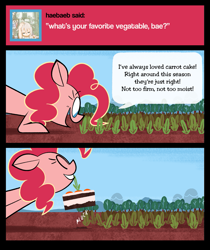 Size: 1077x1280 | Tagged: safe, artist:footsam, character:pinkie pie, species:earth pony, species:pony, ask, ask pinkie pie and tornado, cake, carrot, carrot cake (food), comic, female, food, mouth hold, no catchlights, no pupils, pinkie being pinkie, pinkie physics, pulling, solo, tumblr, wat