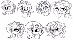 Size: 3840x2160 | Tagged: safe, artist:flufflepimp, species:pony, species:unicorn, bust, expressions, female, heart eyes, learning to draw, lineart, mare, simple background, sketch, sketch dump, tongue out, white background, wingding eyes