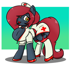 Size: 1000x944 | Tagged: safe, artist:n-o-n, oc, oc only, oc:jessi-ka, species:pony, big hair, bimbo, bimboification, breasts, butt, chestbreasts, high heels, human ass on pony, latex, lipstick, nurse outfit, puffed chest, quadrupedal chest boobs, shoes, stupidly large hair, uniboob, what has science done