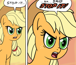 Size: 800x677 | Tagged: safe, artist:crimsonsky, character:applejack, species:earth pony, species:pony, /mlp/, 4chan, accent, angry, applejack's hat, clothing, comic, cowboy hat, drawthread, female, funny, hat, mare, meme, reaction image, solo, stop it, superman, yelling