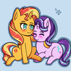 Size: 1400x1400 | Tagged: safe, artist:yumomochan, character:starlight glimmer, character:sunset shimmer, species:pony, species:unicorn, ship:shimmerglimmer, blue background, blushing, chibi, commission, cute, female, glimmerbetes, hug, lesbian, mare, shimmerbetes, shipping, simple background, simple shading, smiling