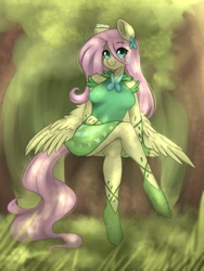 Size: 1536x2048 | Tagged: safe, artist:siripim111, character:fluttershy, species:anthro, species:pegasus, species:unguligrade anthro, g4, breasts, busty fluttershy, clothing, dress, eyebrows, eyebrows visible through hair, female, forest, mare, shoes, sitting, solo, tree, tree stump