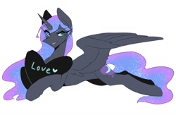 Size: 1400x914 | Tagged: safe, artist:seamaggie, character:nightmare moon, character:princess luna, species:alicorn, species:pony, female, heart, smiling, solo