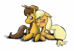 Size: 2908x2032 | Tagged: safe, artist:peperoger, character:applejack, character:caramel, species:earth pony, species:pony, ship:carajack, blushing, female, male, shipping, straight
