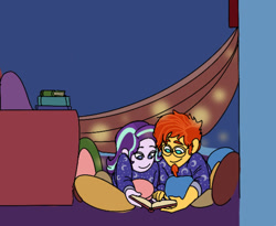 Size: 1280x1051 | Tagged: safe, artist:ponyretirementhome, character:starlight glimmer, character:sunburst, ship:starburst, my little pony:equestria girls, book, clothing, female, lying down, male, pajamas, pillow, reading, shipping, straight