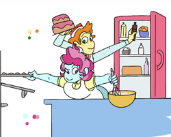 Size: 1280x1029 | Tagged: safe, artist:ponyretirementhome, character:carrot cake, character:cup cake, my little pony:equestria girls, apron, bowl, cake, chiffon swirl, clothing, female, food, husband and wife, male, oven, refrigerator, simple background, whisk, white background
