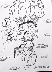 Size: 2717x3735 | Tagged: safe, artist:debmervin, character:pinkie pie, species:pony, balloon, crossover, female, floating, monochrome, peanuts (comic), solo, suitcase, then watch her balloons lift her up to the sky, traditional art, woodstock (peanuts)