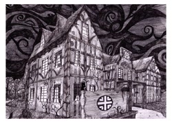 Size: 900x646 | Tagged: safe, artist:konsumo, background, monochrome, no pony, pencil drawing, ponyville hospital, scenery, traditional art