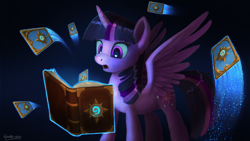 Size: 4500x2532 | Tagged: safe, artist:robsa990, character:twilight sparkle, character:twilight sparkle (alicorn), species:alicorn, species:pony, book, card game, cutie mark, female, hearthstone, mare, open mouth, solo, warcraft