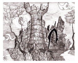 Size: 800x654 | Tagged: safe, artist:konsumo, background, castle of the royal pony sisters, mare in the moon, monochrome, moon, no pony, old castle ruins, pencil drawing, ruins, scenery, traditional art
