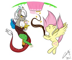 Size: 1200x1000 | Tagged: safe, artist:asajiopie01, character:discord, character:fluttershy, oc:eris, species:draconequus, species:pegasus, species:pony, anti-gravity hair, chaos, cookie, cup, discord being discord, duo, eyes closed, food, rule 63, simple background, tea, tea party, teacup, upside down, white background