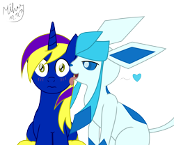 Size: 4253x3540 | Tagged: safe, artist:mihaynoms, oc, oc:darkgloones, species:pony, blushing, crossover, female, glaceon, heart, kissing, licking, love, male, pokémon, straight, tongue out