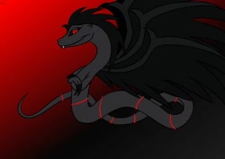 Size: 1024x725 | Tagged: safe, artist:spirit-fire360, oc, oc only, oc:plague, species:pony, claws, crossed arms, fangs, gradient background, oc villain, red background, red eyes, simple background, snake, solo, spread wings, wings