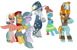 Size: 1104x724 | Tagged: safe, artist:alexeigribanov, character:flash magnus, character:meadowbrook, character:mistmane, character:rockhoof, character:somnambula, character:star swirl the bearded, species:earth pony, species:pegasus, species:pony, species:unicorn, g4, eyes closed, female, male, mare, pillars of equestria, simple background, stallion, transparent background