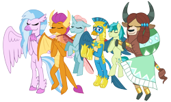 Size: 1156x691 | Tagged: safe, artist:alexeigribanov, character:gallus, character:ocellus, character:sandbar, character:silverstream, character:smolder, character:yona, species:changeling, species:classical hippogriff, species:dragon, species:earth pony, species:griffon, species:hippogriff, species:pony, species:reformed changeling, species:yak, episode:the last problem, g4, my little pony: friendship is magic, armor, bow, cloven hooves, colored hooves, dragoness, female, hair bow, helmet, jewelry, male, monkey swings, necklace, older, older gallus, older ocellus, older sandbar, older silverstream, older smolder, older student six, older yona, royal guard gallus, simple background, stallion, student six, transparent background