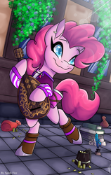 Size: 950x1500 | Tagged: safe, artist:spirit-fire360, character:pinkie pie, species:earth pony, species:pony, bard pie, bipedal, book, clothing, coin, colored pupils, crepuscular rays, cute, diapinkes, ear piercing, female, ink, inkwell, lute, mare, piercing, quill, solo