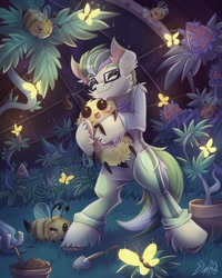 Size: 2000x2500 | Tagged: safe, artist:alexbluebird, oc, oc only, oc:enigma, species:earth pony, species:pony, adorable face, bee, bipedal, butterfly, clothing, cuddling, cute, dawwww, ear fluff, fluffy, garden, glasses, glow, hug, insect, male, ocbetes, plant, smiling, solo, space, space station 13, weapons-grade cute