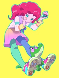 Size: 1536x2048 | Tagged: safe, artist:ku_rimo, character:gummy, character:pinkie pie, my little pony:equestria girls, alligator, blushing, clothing, converse, cupcake, cute, diapinkes, female, food, miniskirt, moe, pantyhose, shoes, simple background, skirt, sneakers, solo, tights, yellow background