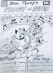 Size: 762x1048 | Tagged: safe, artist:debmervin, oc, oc:fluffy the cat, oc:mervin mouse, oc:turtle chaser, species:earth pony, species:pony, carousel, comic, comic book cover, monochrome, music notes, traditional art, webcomic