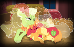 Size: 12324x7948 | Tagged: safe, artist:faitheverlasting, character:apple bloom, character:applejack, character:big mcintosh, character:bright mac, character:granny smith, character:pear butter, absurd resolution, apple family, apple siblings, apple sisters, baby, baby apple bloom, brother and sister, colt big macintosh, cuddling, father and daughter, father and son, female, filly, filly applejack, ghost, grandmother, grandmother and grandchild, grandmother and granddaughter, grandmother and grandson, hay, lidded eyes, male, mother and child, mother and daughter, mother and daughter-in-law, mother and son, prone, sad, siblings, sisters, spirit, young granny smith, younger