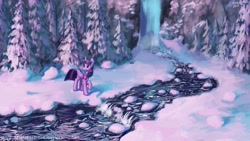 Size: 1920x1080 | Tagged: safe, artist:tinybenz, character:twilight sparkle, character:twilight sparkle (alicorn), species:alicorn, species:pony, clothing, female, fir tree, forest, mare, river, scarf, scenery, snow, solo, tree, waterfall, winter