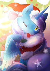 Size: 1655x2340 | Tagged: safe, artist:nutty-stardragon, oc, oc:fleurbelle, species:alicorn, species:pony, adorable face, alicorn oc, bow, christmas, christmas decoration, christmas lights, christmas presents, clothing, costume, cute, female, hair bow, hat, holiday, holly, mare, one eye closed, santa costume, santa hat, snow, snowflake, tongue out, wink, yellow eyes