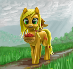 Size: 1600x1500 | Tagged: safe, artist:odooee, character:applejack, species:pony, apple, basket, clothing, cloud, dirt path, female, food, grass, hat, hatless, mare, missing accessory, mouth hold, overcast, rain, solo, wet, wet mane