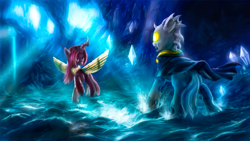 Size: 1920x1080 | Tagged: safe, artist:stdeadra, oc, species:changeling, species:pony, species:reformed changeling, cape, cave, changeling oc, cloak, clothing, crystal, horn, light, red changeling, water, waterfall, wings, yellow changeling