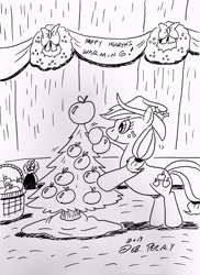 Size: 2741x3763 | Tagged: safe, artist:debmervin, character:applejack, species:earth pony, species:pony, episode:hearth's warming eve, g4, my little pony: friendship is magic, apple, bipedal, bipedal leaning, christmas, christmas tree, christmas wreath, female, food, hearth's warming, holiday, leaning, monochrome, solo, tree, wreath