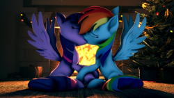 Size: 3840x2160 | Tagged: safe, artist:psfmer, character:rainbow dash, character:twilight sparkle, character:twilight sparkle (alicorn), species:alicorn, species:pegasus, species:pony, ship:twidash, 3d, christmas, christmas tree, decoration, eyes closed, female, fire, fireplace, holding hooves, holiday, kissing, lesbian, shipping, sitting, source filmmaker, spread wings, tree, wingboner, wings