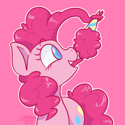 Size: 1200x1200 | Tagged: safe, artist:imaplatypus, character:pinkie pie, species:earth pony, species:pony, colored pupils, cotton candy, cute, diapinkes, eating, female, licking, mare, pink background, prehensile mane, profile, simple background, solo, tongue out