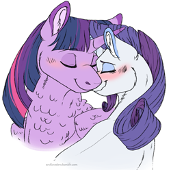 Size: 729x723 | Tagged: safe, artist:arcticwaters, character:rarity, character:twilight sparkle, character:twilight sparkle (alicorn), species:alicorn, species:pony, species:unicorn, ship:rarilight, blushing, bust, female, horn, horns are touching, lesbian, nuzzling, shipping, simple background, white background
