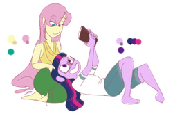 Size: 1280x838 | Tagged: safe, artist:ponyretirementhome, character:fluttershy, character:twilight sparkle, character:twilight sparkle (scitwi), species:eqg human, ship:twishy, my little pony:equestria girls, female, lesbian, reading, scitwishy, shipping, simple background, white background