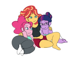 Size: 1237x1088 | Tagged: safe, artist:ponyretirementhome, character:pinkie pie, character:sunset shimmer, character:twilight sparkle, character:twilight sparkle (scitwi), species:eqg human, ship:scitwishimmer, ship:sunsetpie, ship:sunsetsparkle, ship:twinkie, my little pony:equestria girls, cuddling, female, lesbian, polyamory, scisetpie, scitwishimmerpie, shipping, simple background, sitting, white background