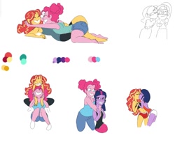 Size: 1280x1148 | Tagged: safe, artist:ponyretirementhome, character:pinkie pie, character:sunset shimmer, character:twilight sparkle, character:twilight sparkle (scitwi), species:eqg human, ship:scitwishimmer, ship:sunsetpie, ship:sunsetsparkle, ship:twinkie, my little pony:equestria girls, cuddling, female, lesbian, polyamory, scisetpie, scitwishimmerpie, shipping, simple background, sitting, white background