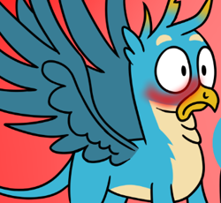 Size: 343x316 | Tagged: safe, artist:noidavaliable, character:gallus, species:griffon, blushing, cropped, embarrassed, frown, male, shrunken pupils, solo, spread wings, wingboner, wings