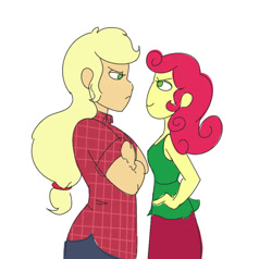 Size: 994x947 | Tagged: safe, artist:ponyretirementhome, character:applejack, character:strawberry sunrise, my little pony:equestria girls, applejack is not amused, clothing, crossed arms, dress, equestria girls-ified, female, flannel, hand on hip, height difference, jeans, looking at each other, pants, simple background, skirt, smug, staring contest, strawberry savage, unamused, white background