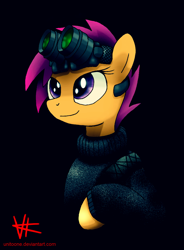 Size: 1328x1800 | Tagged: safe, alternate version, artist:unitoone, character:scootaloo, species:pegasus, species:pony, black background, bust, clothing, female, night vision goggles, simple background, solo, stalkerloo, sweater, turtleneck